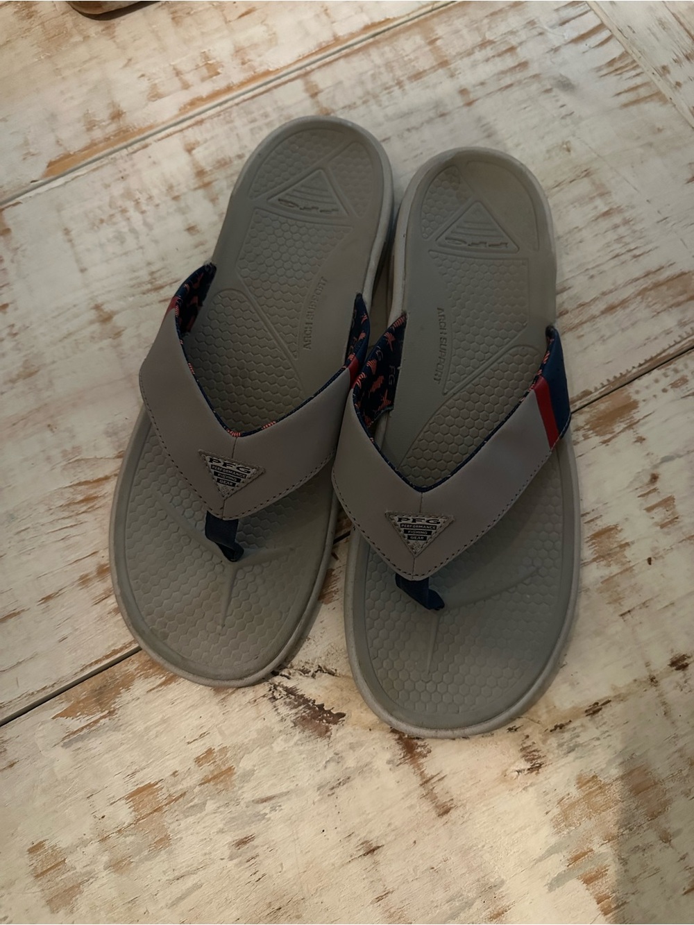 PFG Gray Logo Thong Sandals with Navy & Red Accent